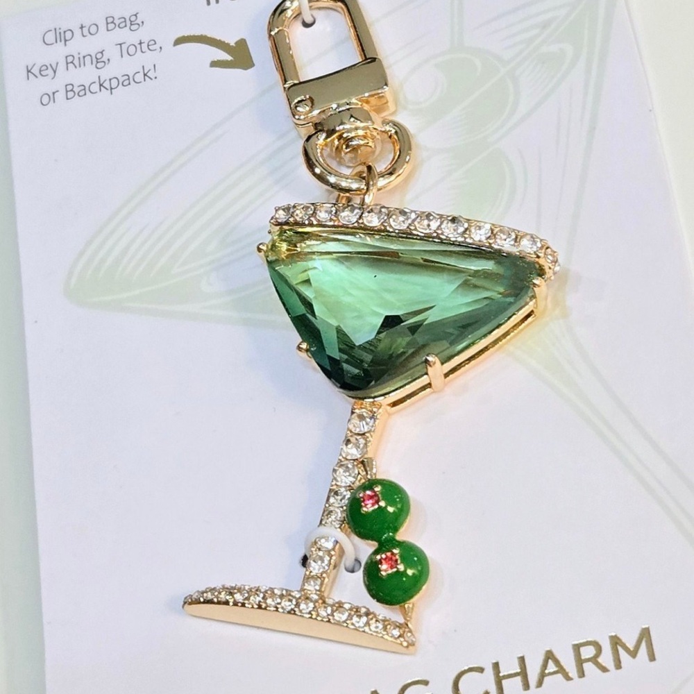 ❤️ Green Crystal Martini Glass Keychain Purse Bag Charm - Gold Tone